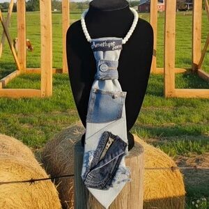 Denim Patchwork Necktie Necklace with White Beaded Strap